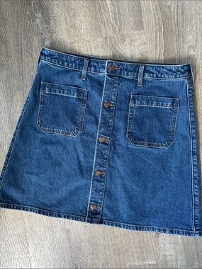 Lands' End Blue Button-Front Denim A line mini Skirt Size 12 Cotton Stretchable